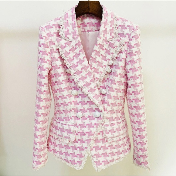 Ever Chic Jackets & Blazers - Pink and White Houndstooth Tweed Blazer - NWT